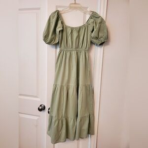 Sage cotton tiered puff sleeve dress